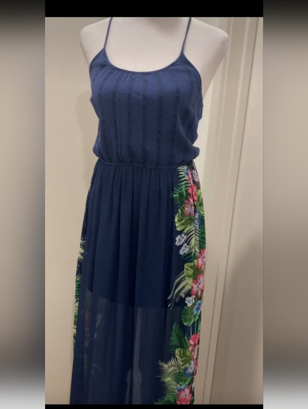 Candies Navy Blue Spaghetti Strap Maxi Dress with Floral Side Panel Small